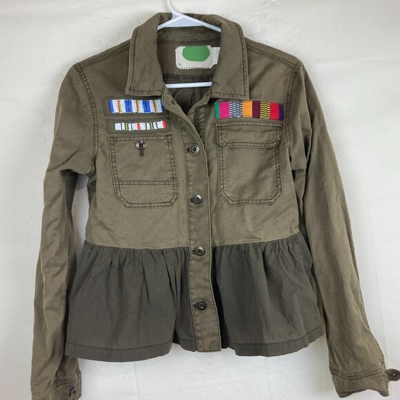 Anthropologie Sz XS Army Green Military Shirt Jacket Beaded Patches Button Down - Picture 6 of 9